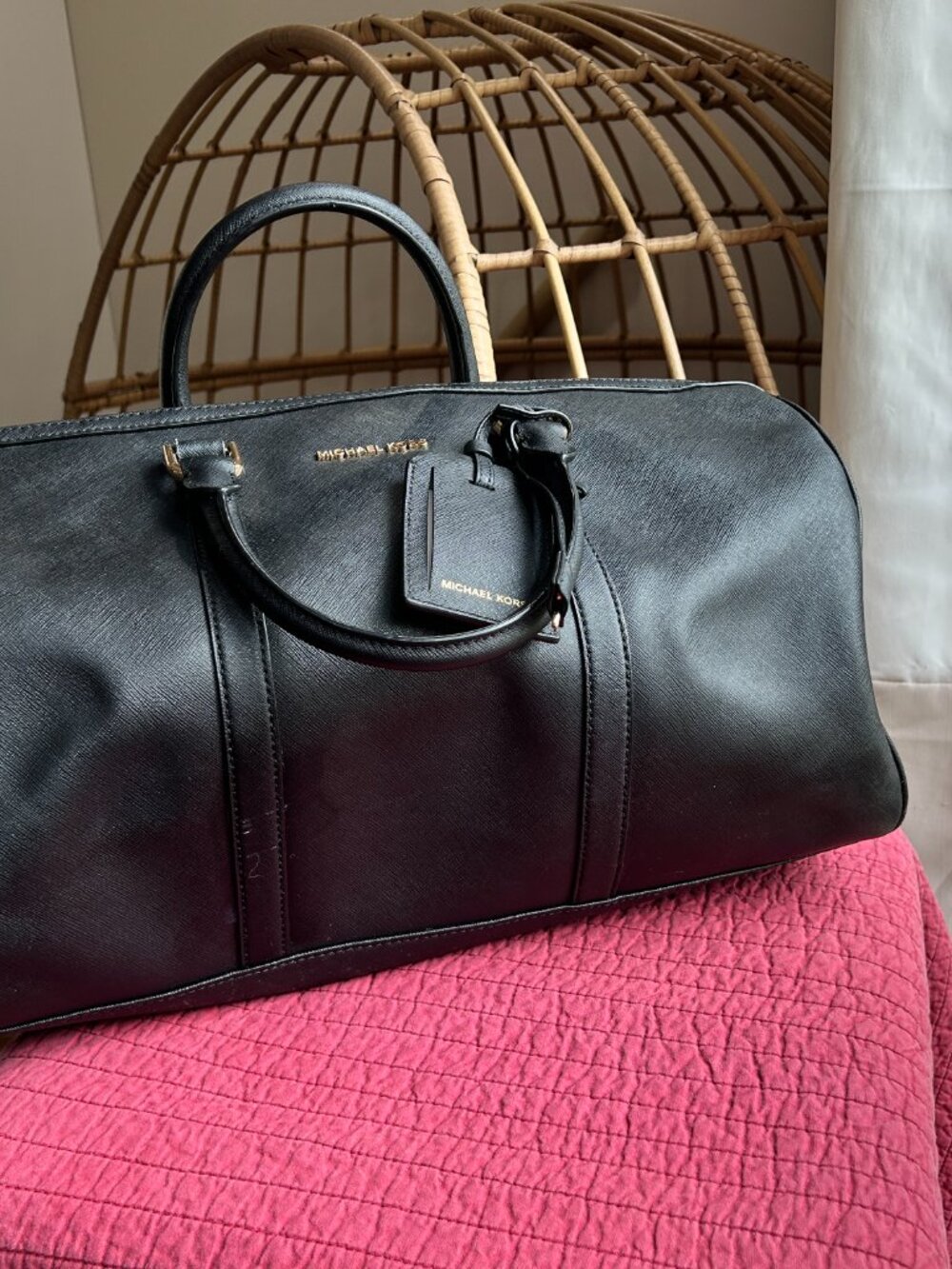 Michael Kors Saffiano Leather Duffel Bag Travel Carry On Weekender Black MK Stru